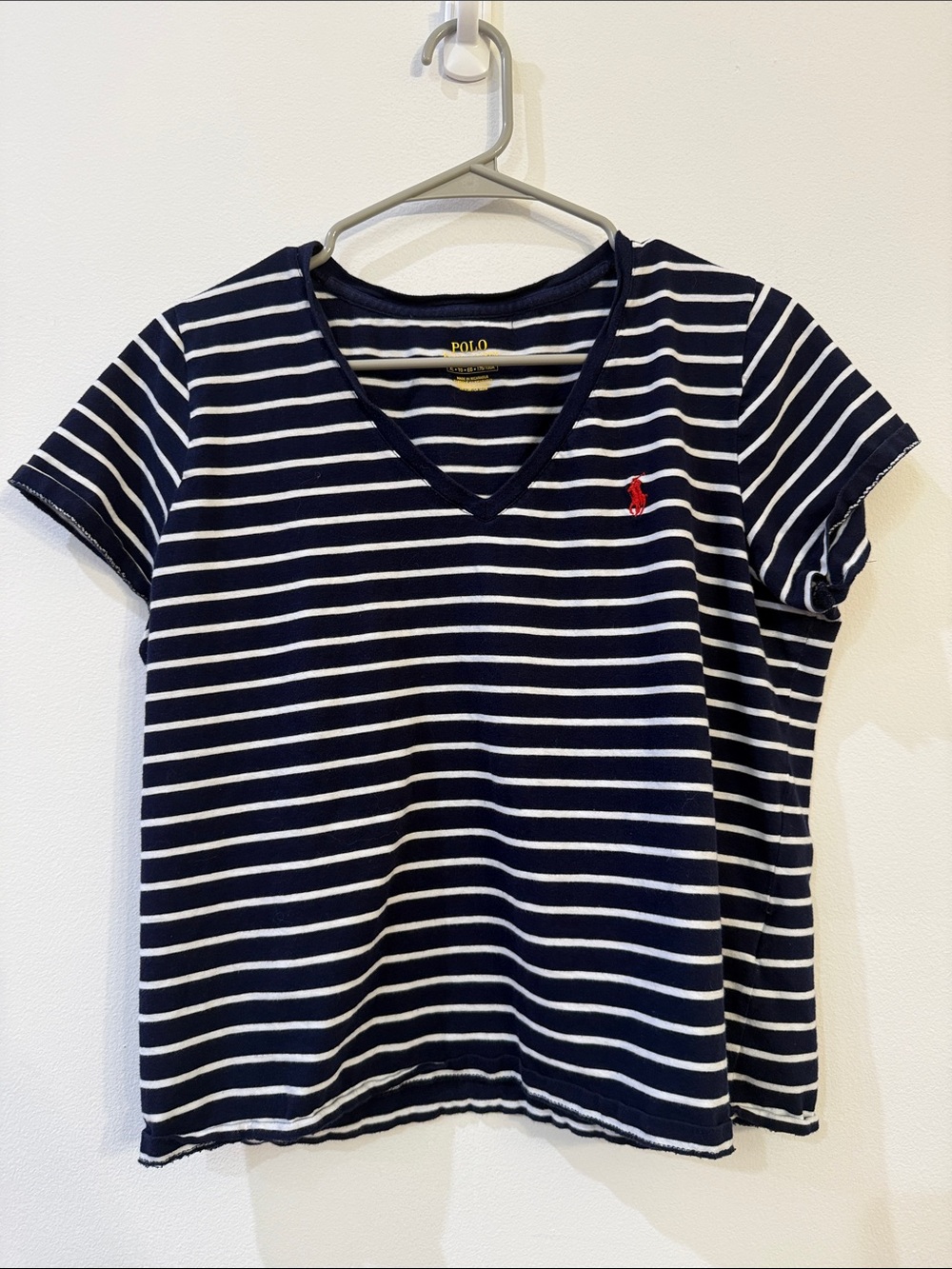 Polo by Ralph Lauren Navy and White Striped V-Neck Tee with Red Pony